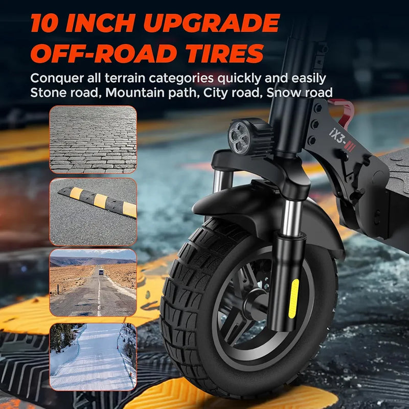 iScooter iX3 Electric Scooters Adult, 10" Pneumatic Off-road Fast Electric Scooter with Lock, APP Control, 40KM Range, 3 Speed Modes, 4 Shock Absorbers, Fast Charging, Foldable E Scooter